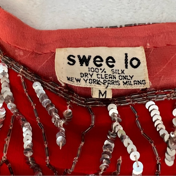 SWEE LO Silk VTG 80’s Red and Silver Sequined Beaded Blouse Top please Read - Picture 2 of 12